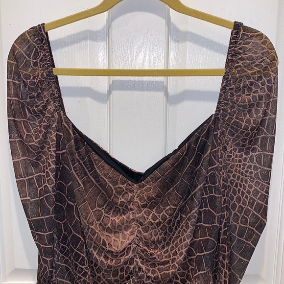 Brown Croc Print Mesh Ruched Puff Sleeve Bodysuit - Picture 2 of 6